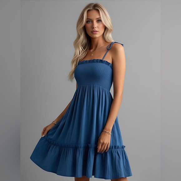 By Design Dresses & Skirts - Blue Pleated Shirred Ruffle Hem Dress